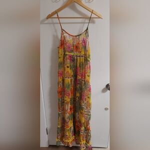 America & Beyond Yellow Floral Maxi Sundress with Pink & Orange Accents